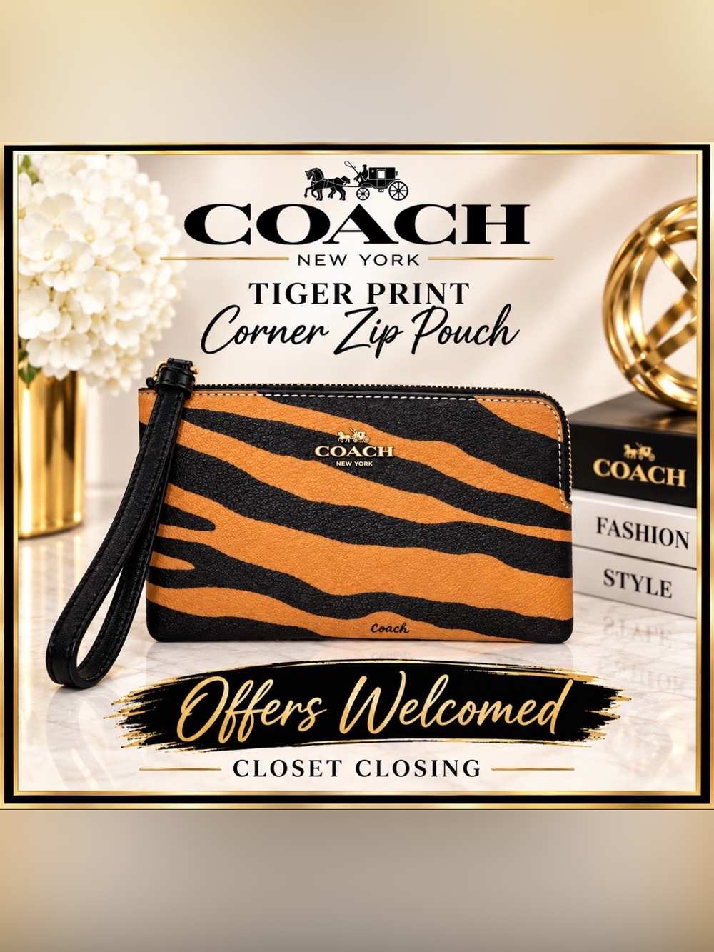 Coach Tiger Print Corner Zip Pouch